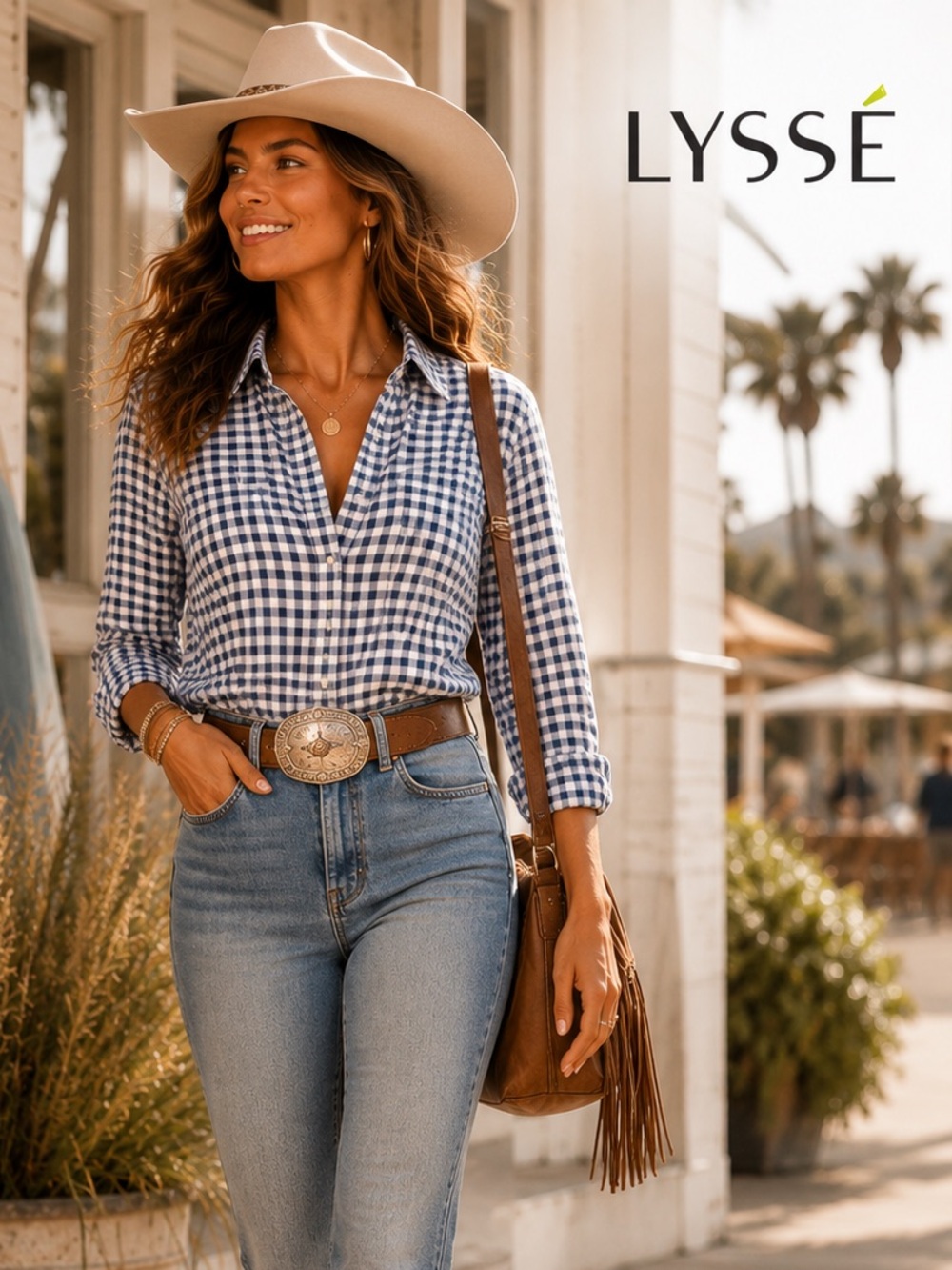 LYSSE, No Ironing Needed! Button-Front Gingham Designed Top,Stretchy, Size Small